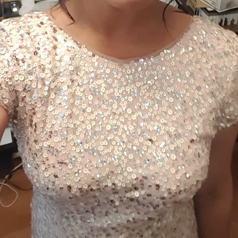Gold / Beige Sequin, Floor Length, Short Sleeve Dress - Picture 5 of 7